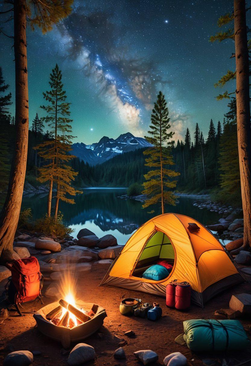 A cozy campsite scene featuring essential camping gear like a tent, sleeping bag, portable stove, and a backpack, set against a backdrop of a lush forest and a sparkling lake. Include a campfire with glowing embers, marshmallows on sticks, and a starry night sky above to create an inviting atmosphere. Capture the essence of adventure and exploration. super-realistic. vibrant colors.