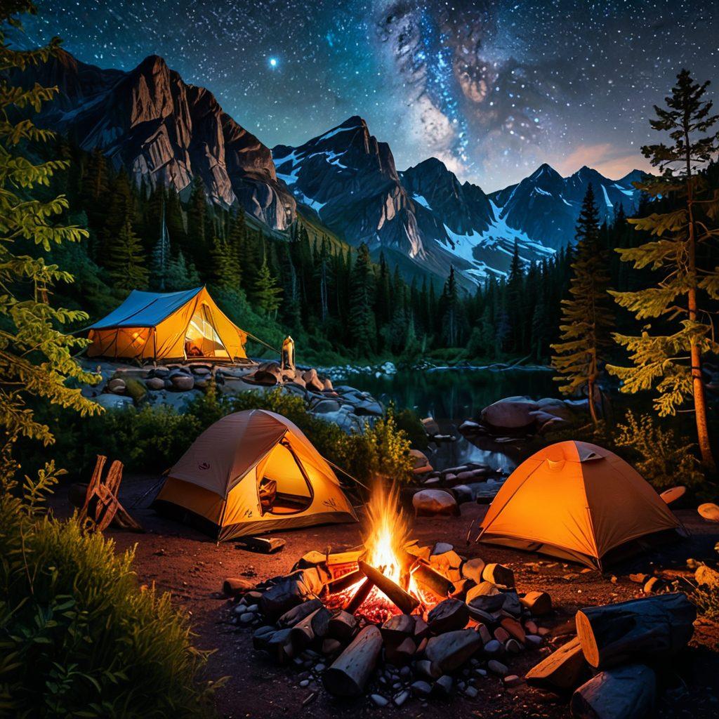 An expansive view of a breathtaking campsite surrounded by majestic mountains and lush greenery, complete with a cozy tent, a crackling campfire, and starry night sky. Include adventurous people exploring the nearby trails and cooking outdoors, capturing the essence of adventure and connection with nature. Infuse the scene with vibrant colors to evoke excitement and tranquility. super-realistic. vibrant colors. 3D.