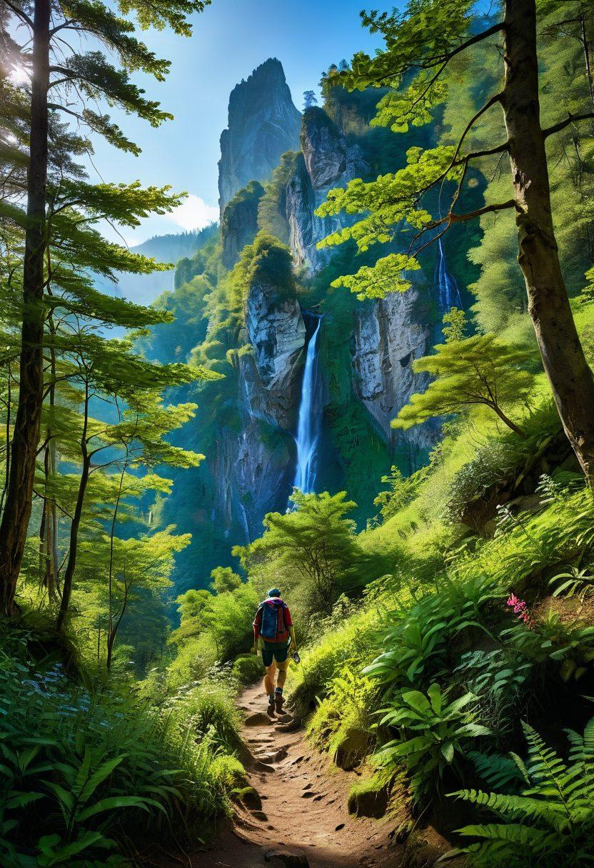 A breathtaking view of a winding hiking trail through a lush, green forest, flanked by towering mountains and vibrant wildflowers. A group of diverse hikers, adorned with backpacks and looking adventurous, are seen traversing the trail under a bright blue sky. Sunlight filters through the leaves, creating a magical atmosphere while a distant waterfall cascades down the rocks. Incorporate motifs of exploration and discovery, evoking a sense of journey and connection with nature. hyper-realistic. vibrant colors. natural lighting.